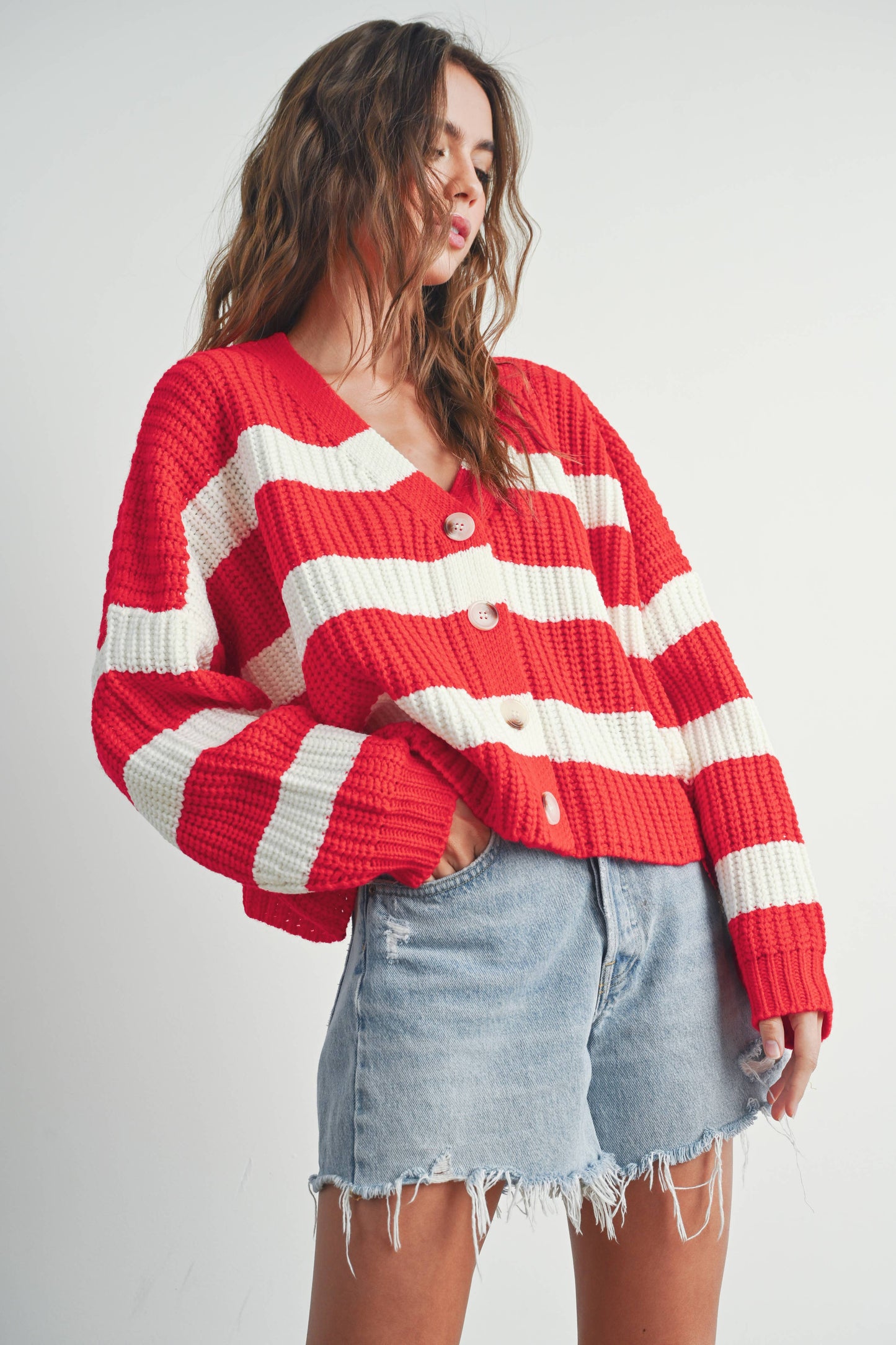 Red Striped V-Neck Button Cardigan