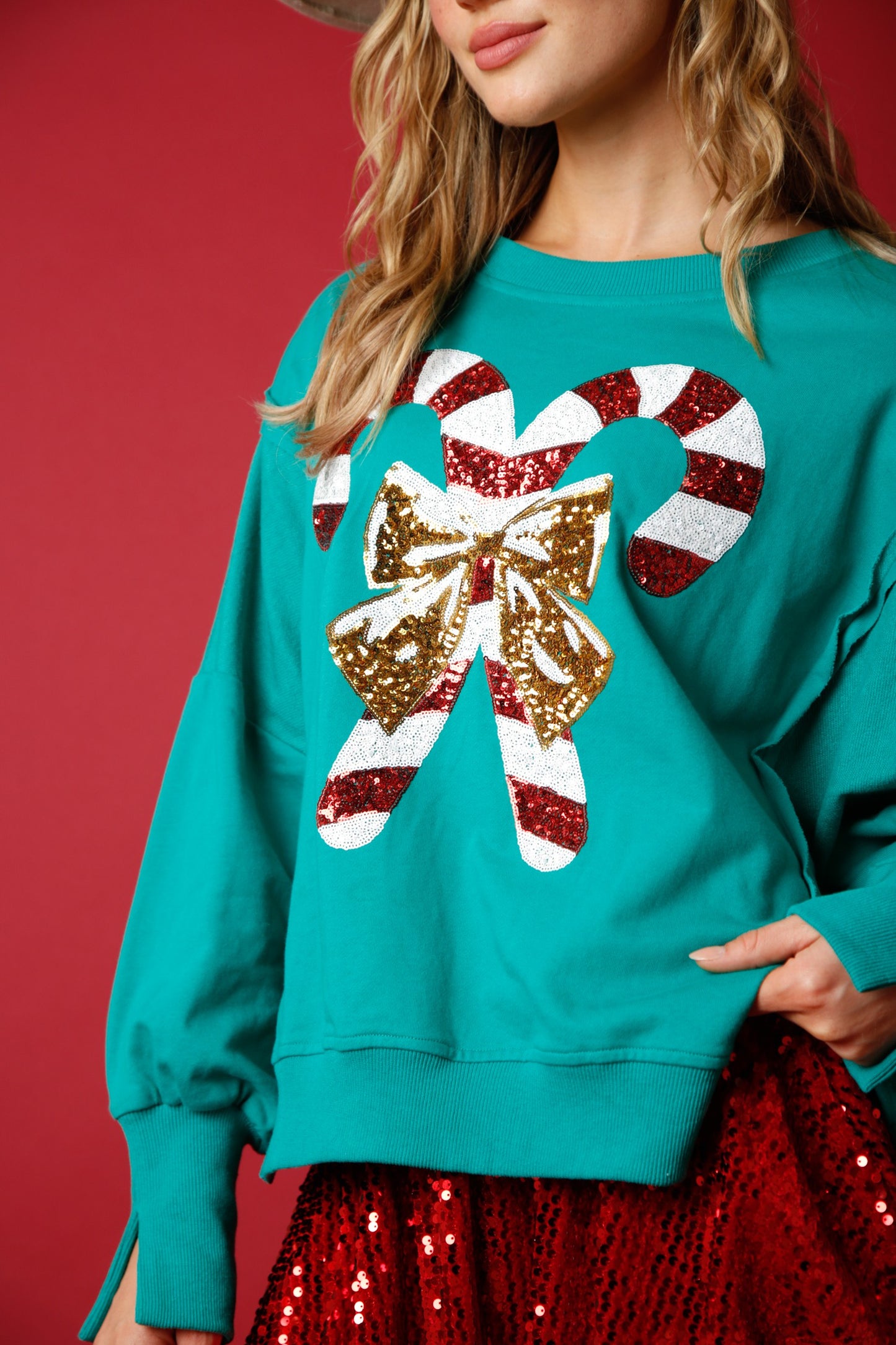 Sequin Candy Cane French Terry Sweatshirt