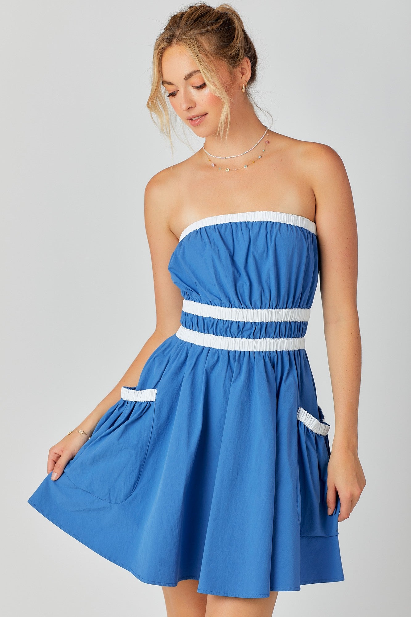 Blue and White Contrast Tube Dress