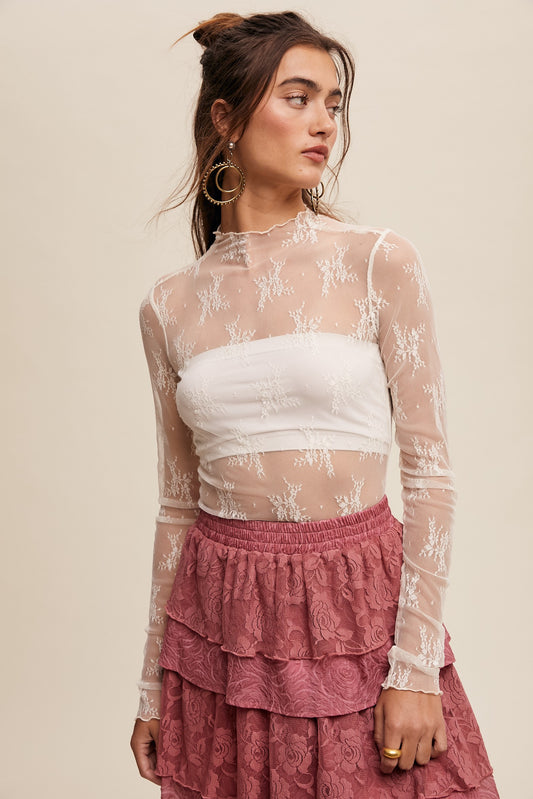 Cream Lace Mock Neck Layering Top