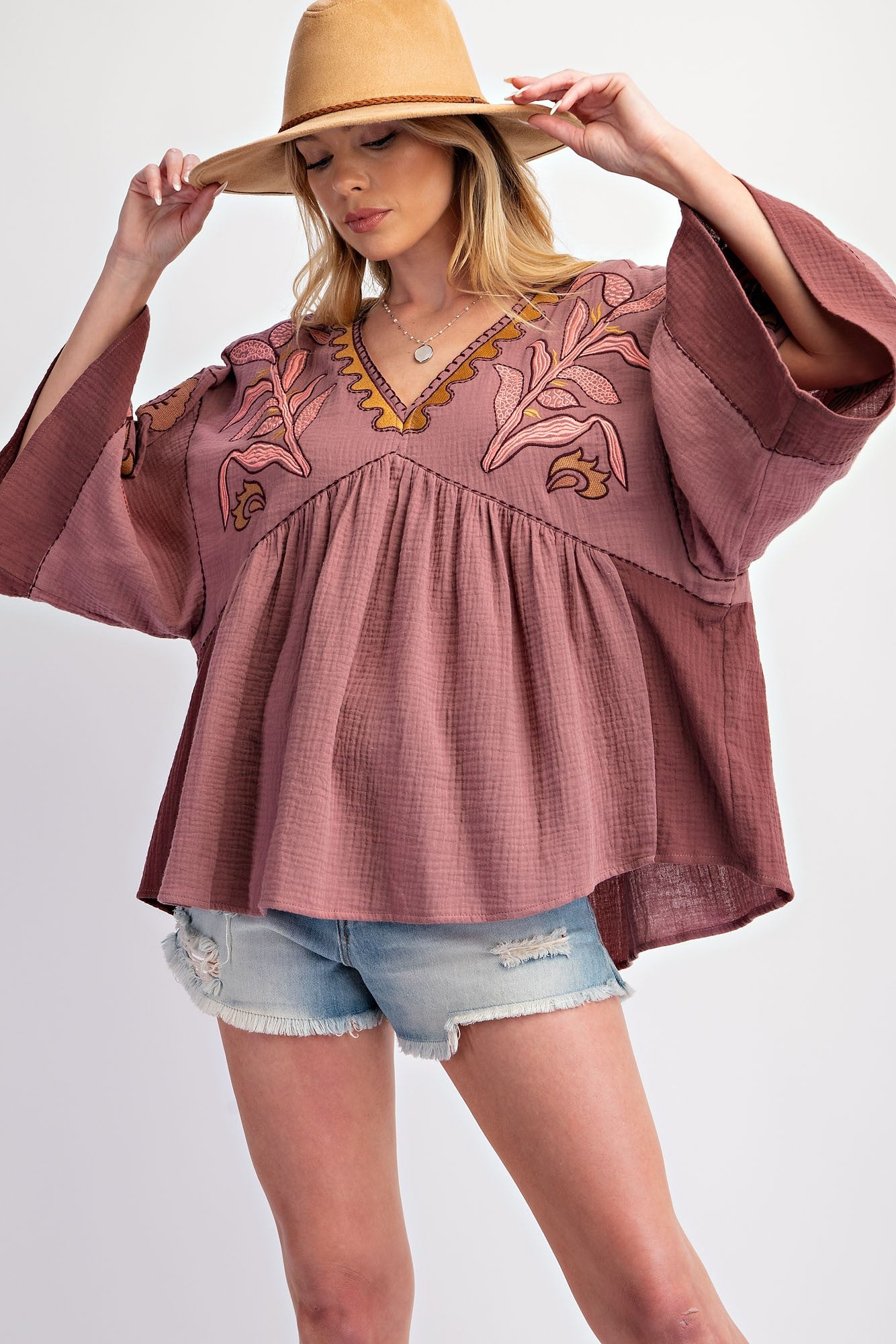 Embroidered Gauze Babydoll Top