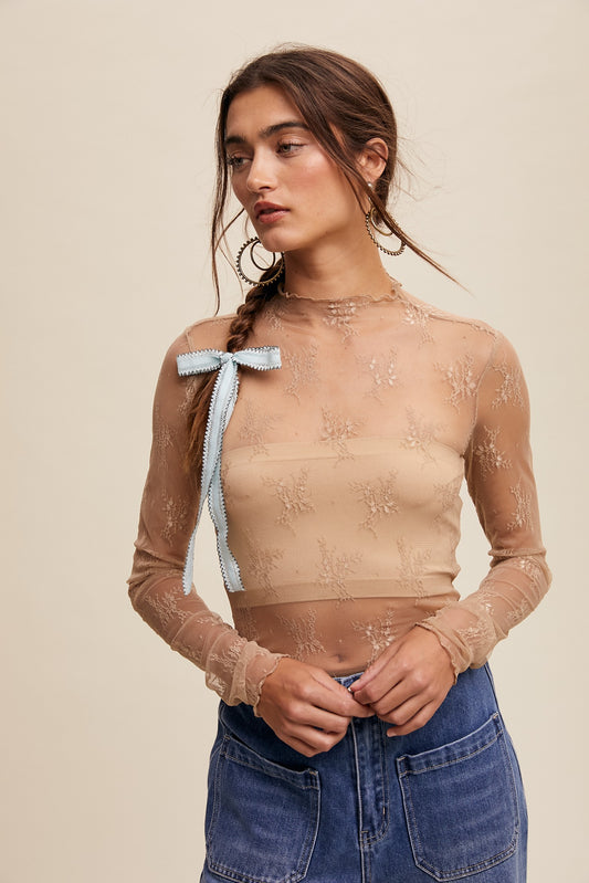 Beige Lace Mock Neck Layering Top