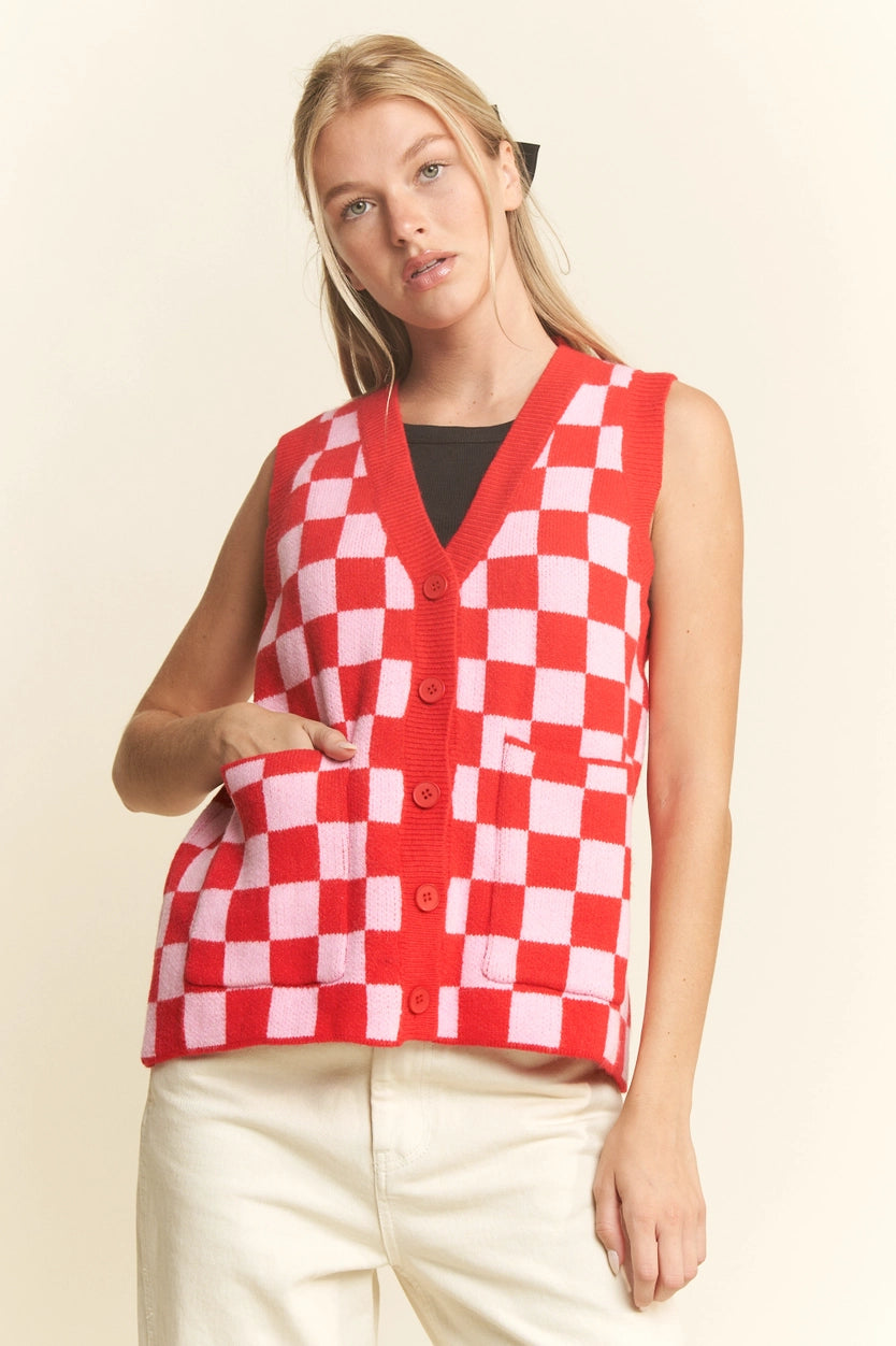 Pink and Red Checkered Sweater Vest