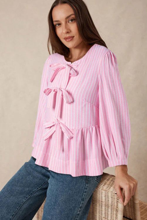 Pink Striped Tied Bow Top