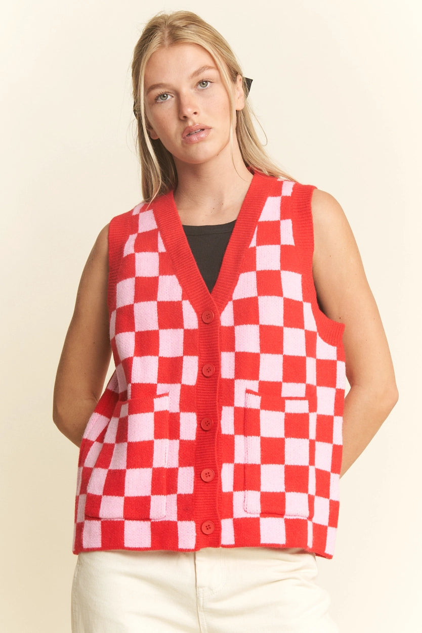 Pink and Red Checkered Sweater Vest