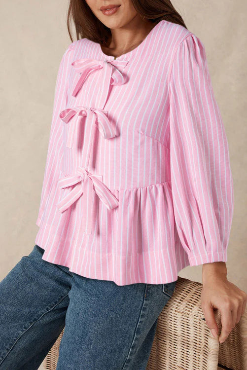 Pink Striped Tied Bow Top