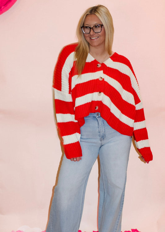 Red Striped V-Neck Button Cardigan