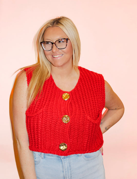 Red Crew Neck Crop Sweater Vest