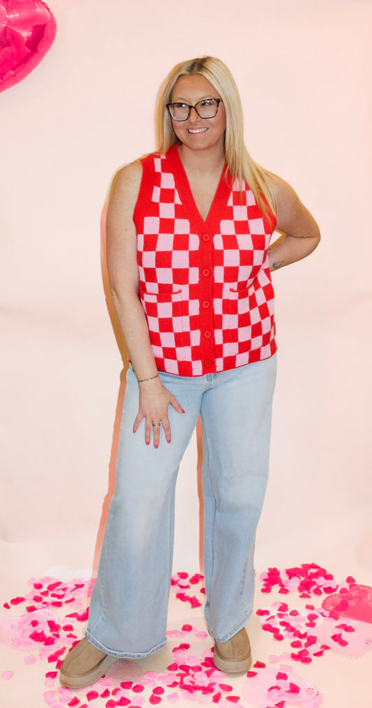 Pink and Red Checkered Sweater Vest