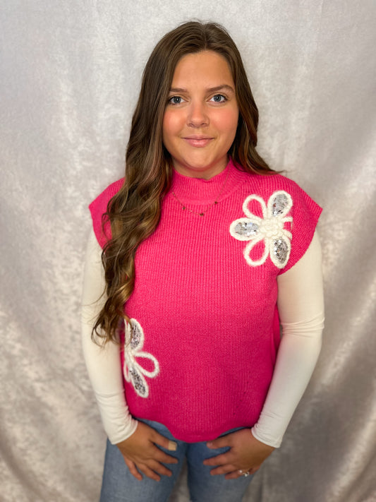 Pink Floral Knit Sweater Top