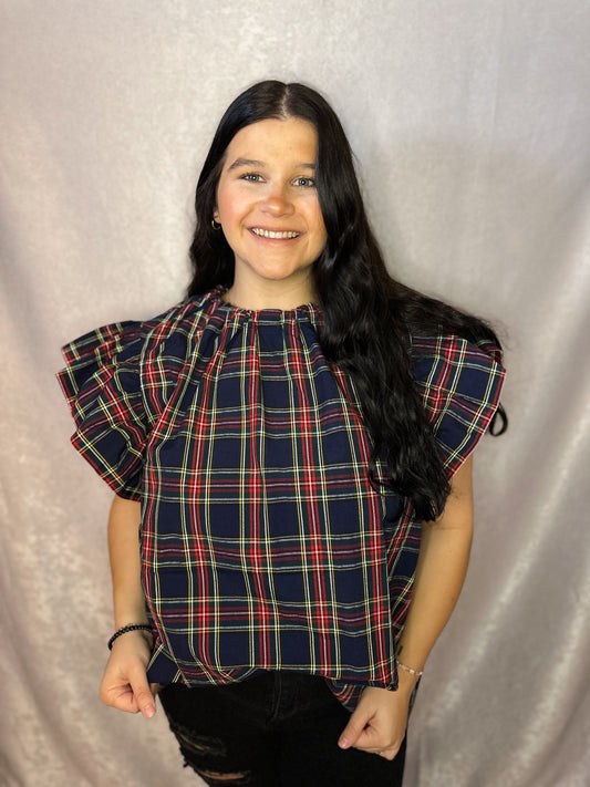 Plaid Ruffle Sleeve Top