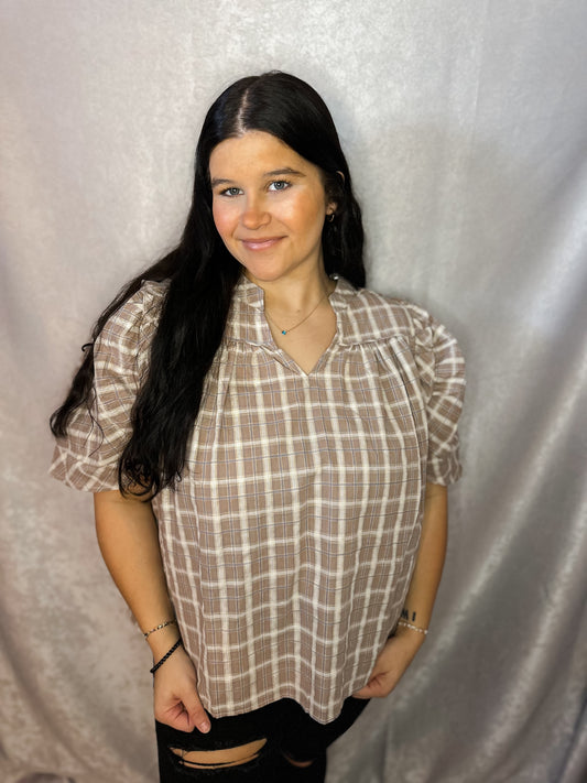 Taupe Plaid Puff Sleeve Top