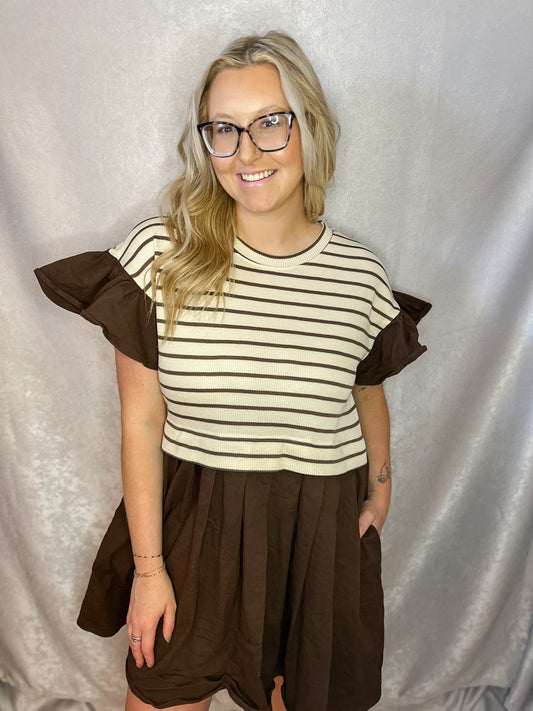 Brown Stripe Pleated Dress