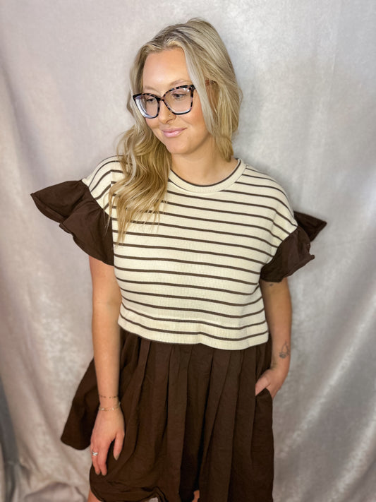 Brown Stripe Pleated Dress