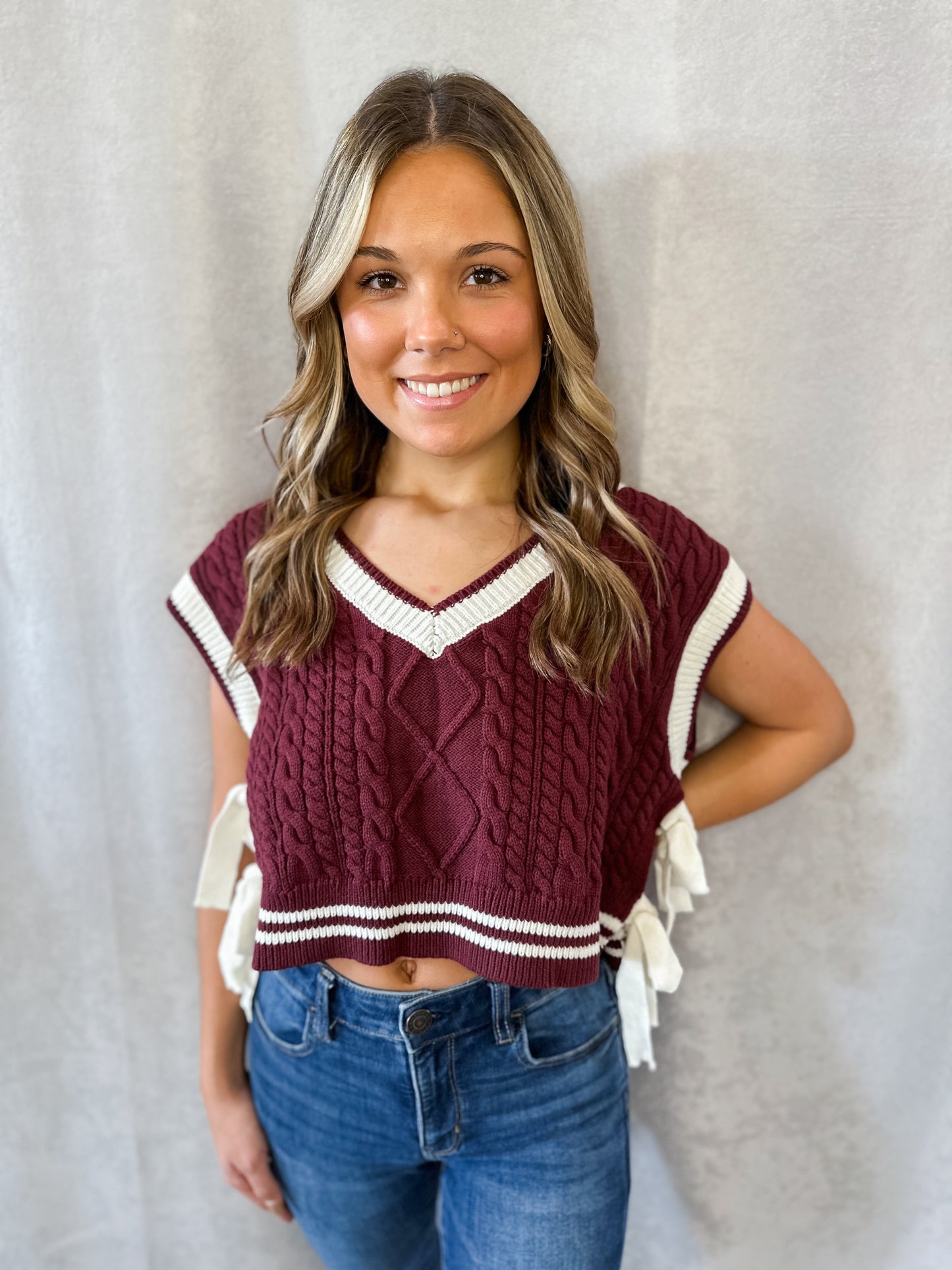 Maroon and White Contrast Bow Sweater Vest