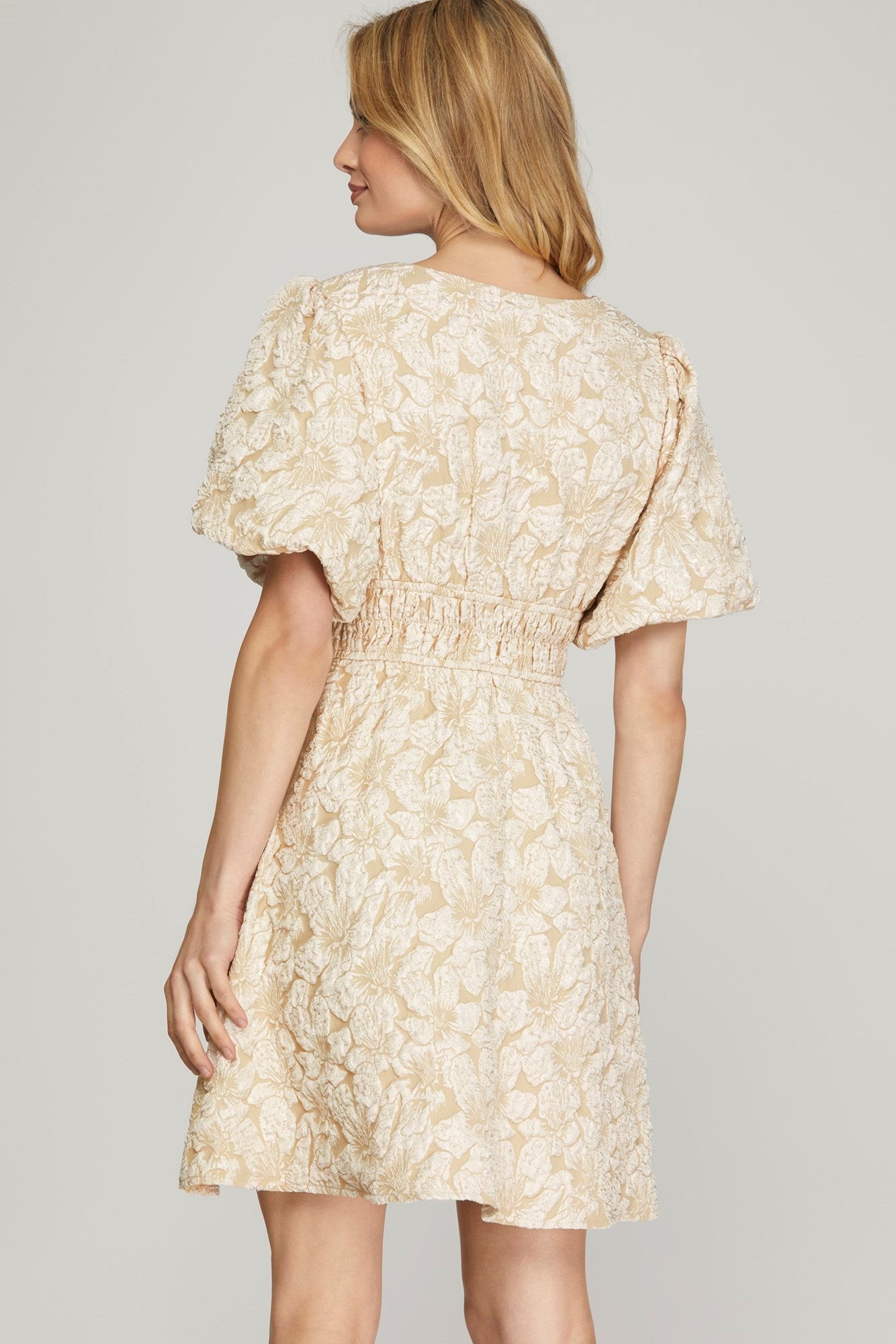 Champagne Ballon Sleeve Patten Dress