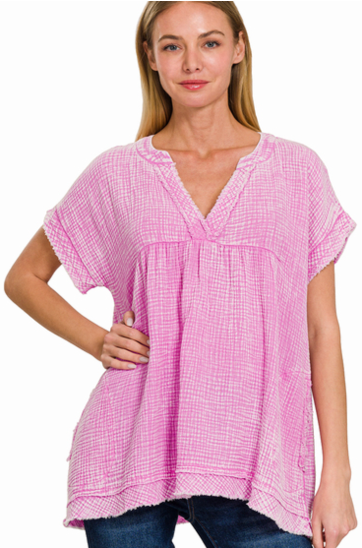 Bright Mauve Washed Gauze Short Sleeve