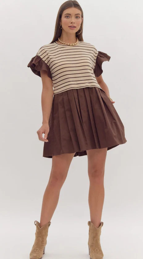 Brown Stripe Pleated Dress