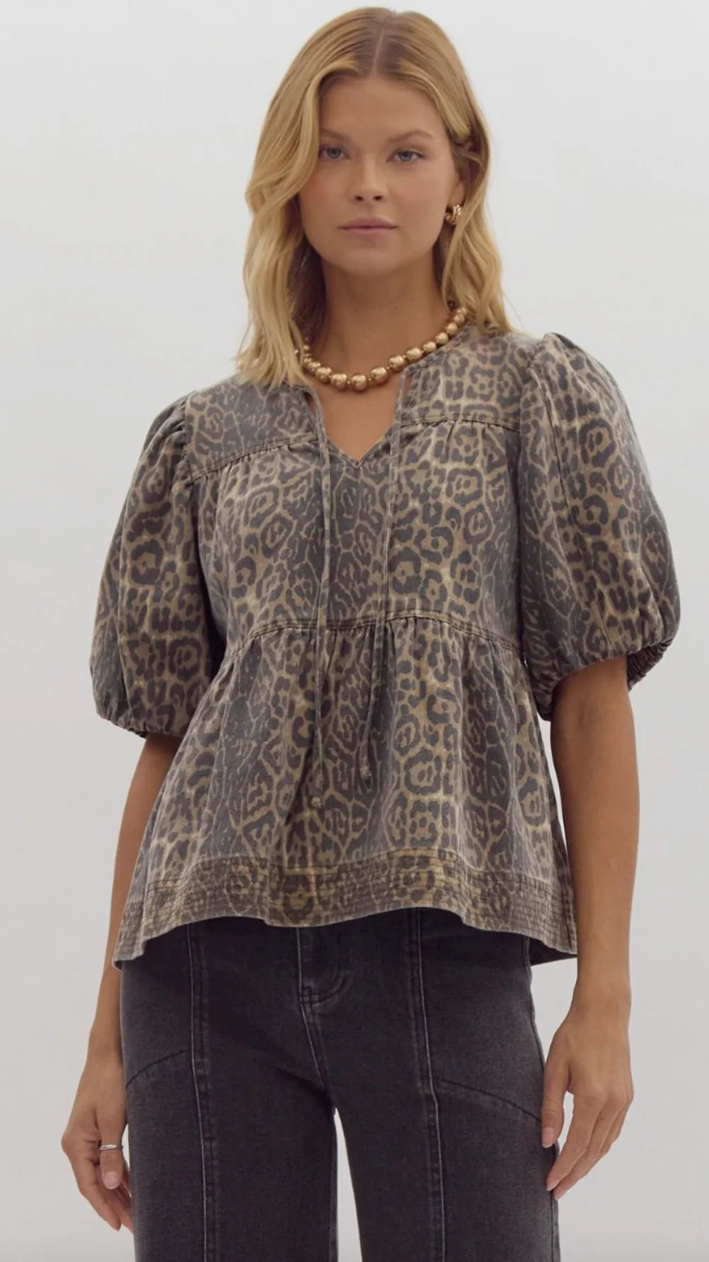 Leopard Denim Babydoll Top