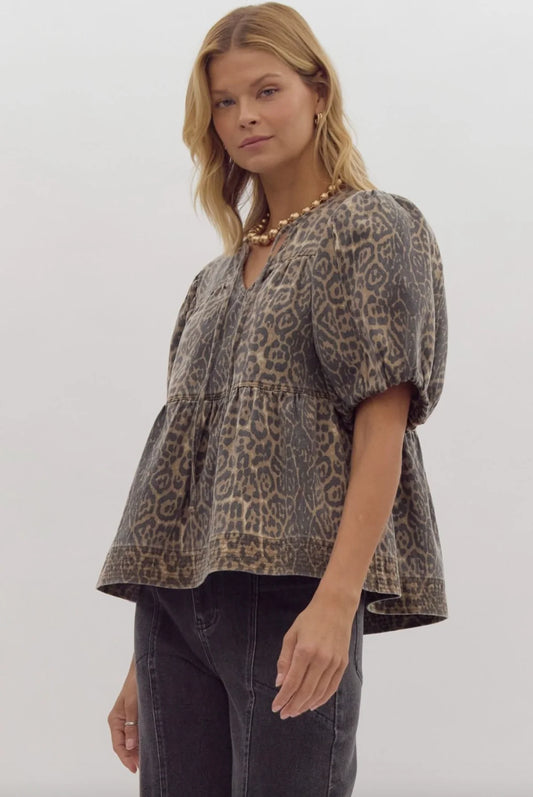 Leopard Denim Babydoll Top