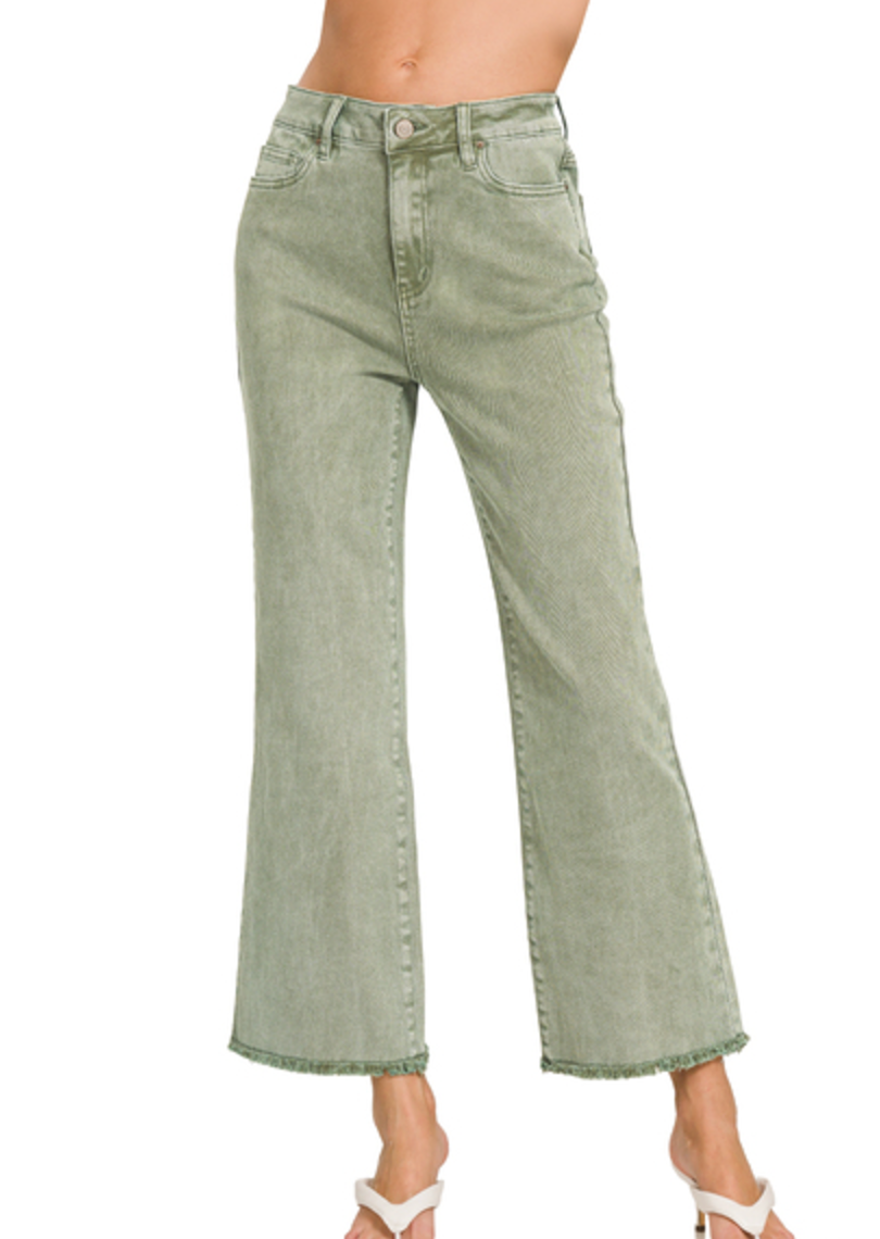 Lt Olive Washed High Waist Hem Pants