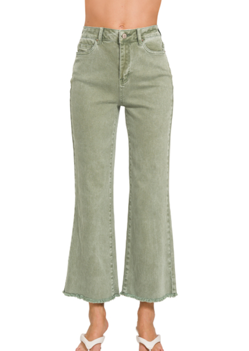 Lt Olive Washed High Waist Hem Pants