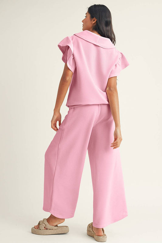 Pink Textured Ruffled Sleeve Top and Wide Leg Pants Set