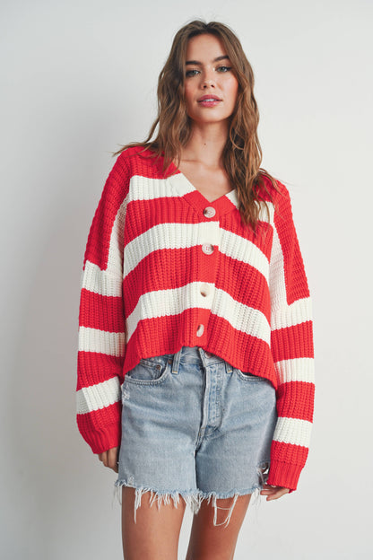 Red Striped V-Neck Button Cardigan