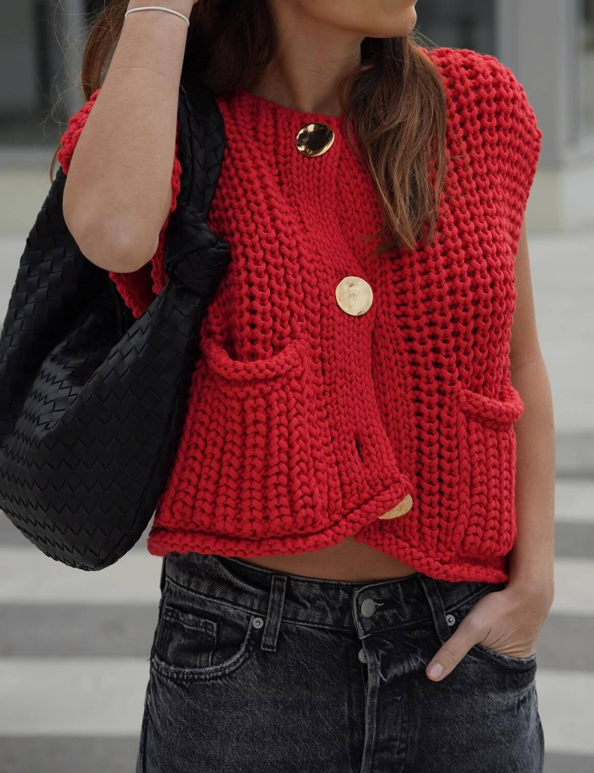 Red Crew Neck Crop Sweater Vest