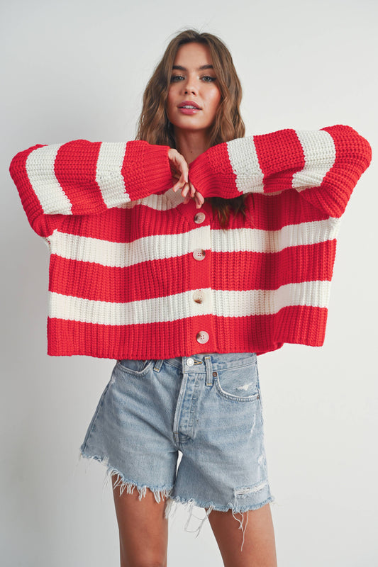 Red Striped V-Neck Button Cardigan