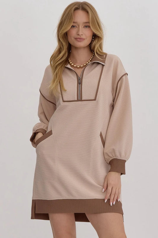 Ribbed Long Sleeve Collared Dressd