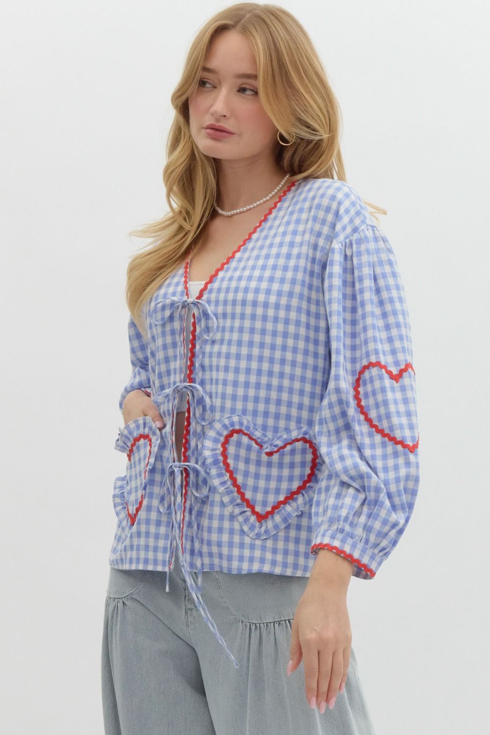 Gingham Heart Pocket Tie-Front Top