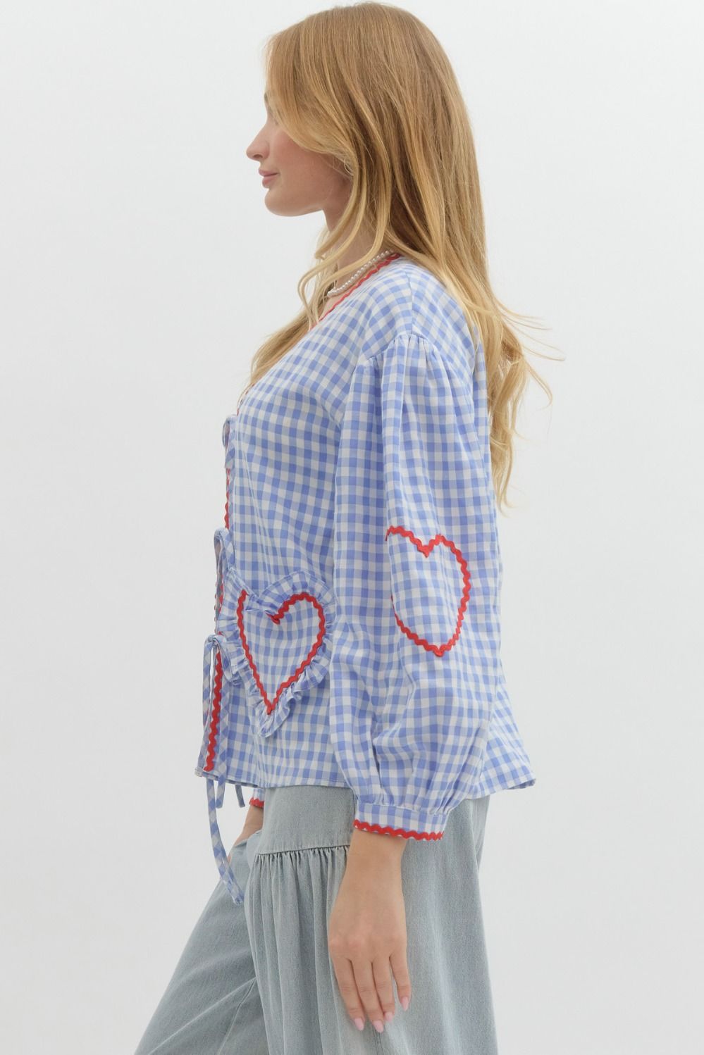 Gingham Heart Pocket Tie-Front Top