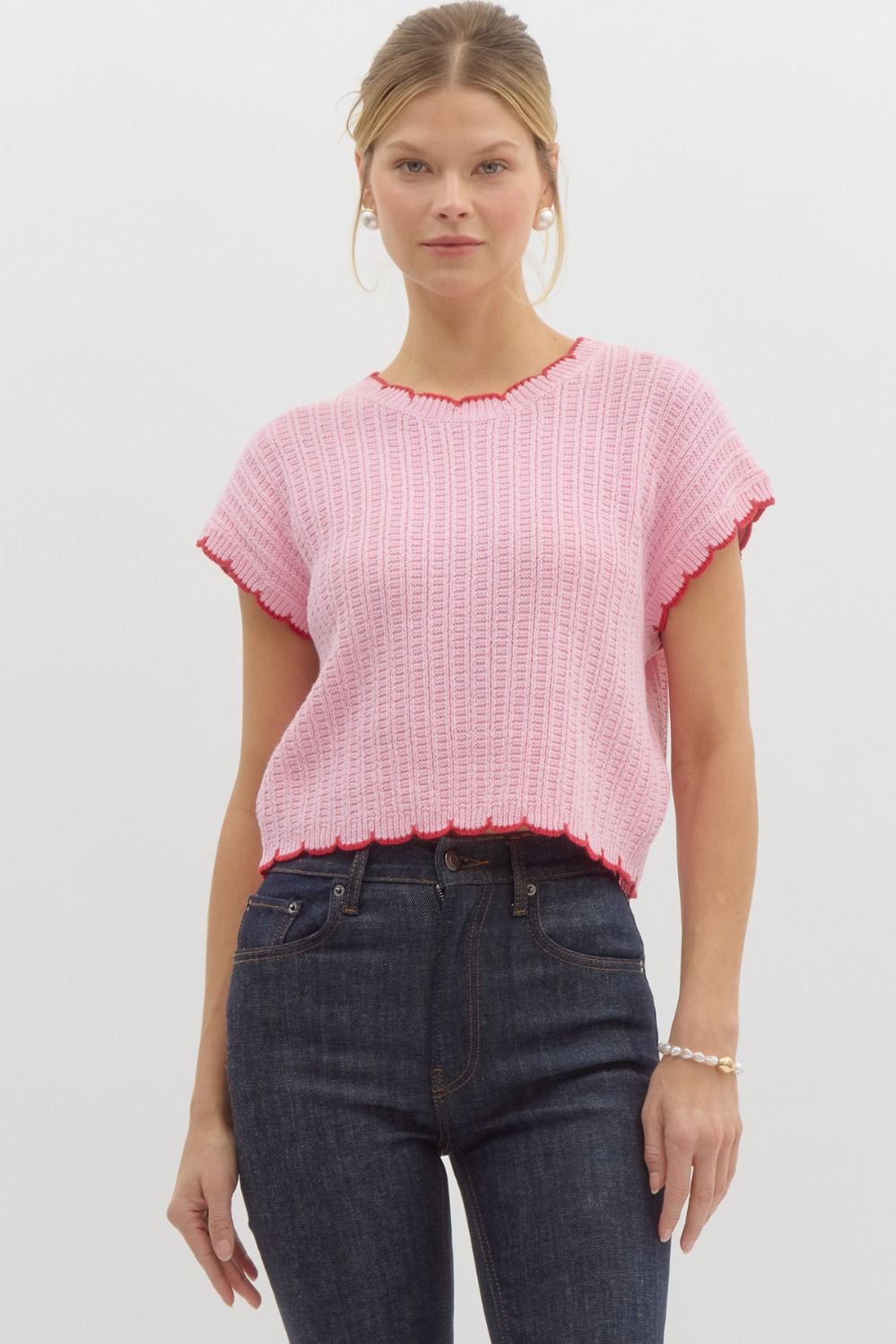 Pink Scallop Edge Knit Top