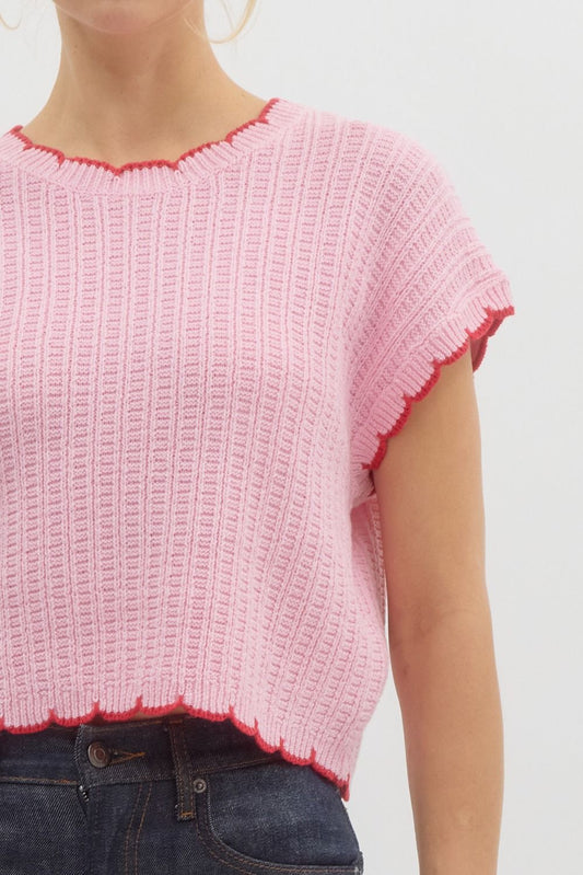 Pink Scallop Edge Knit Top